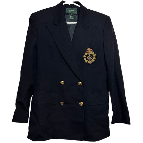Vintage Lauren Ralph Lauren Worsted Wool Longline Blazer Coat Signature Crest 6